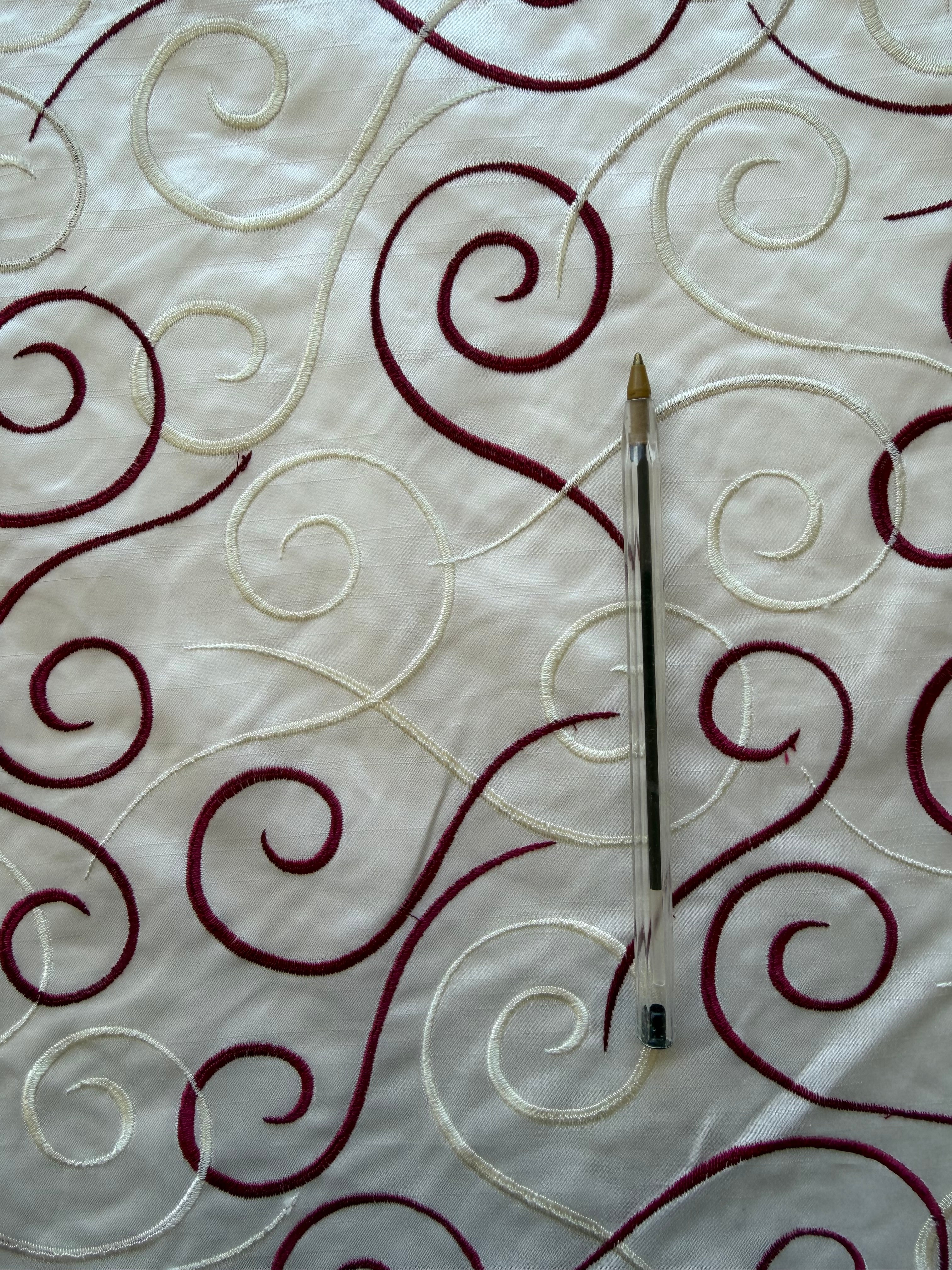Austrian Embroidered Satin-Backed Dupion Fabric – Ivory with Ivory & Magenta Swirls | 112 cm Wide