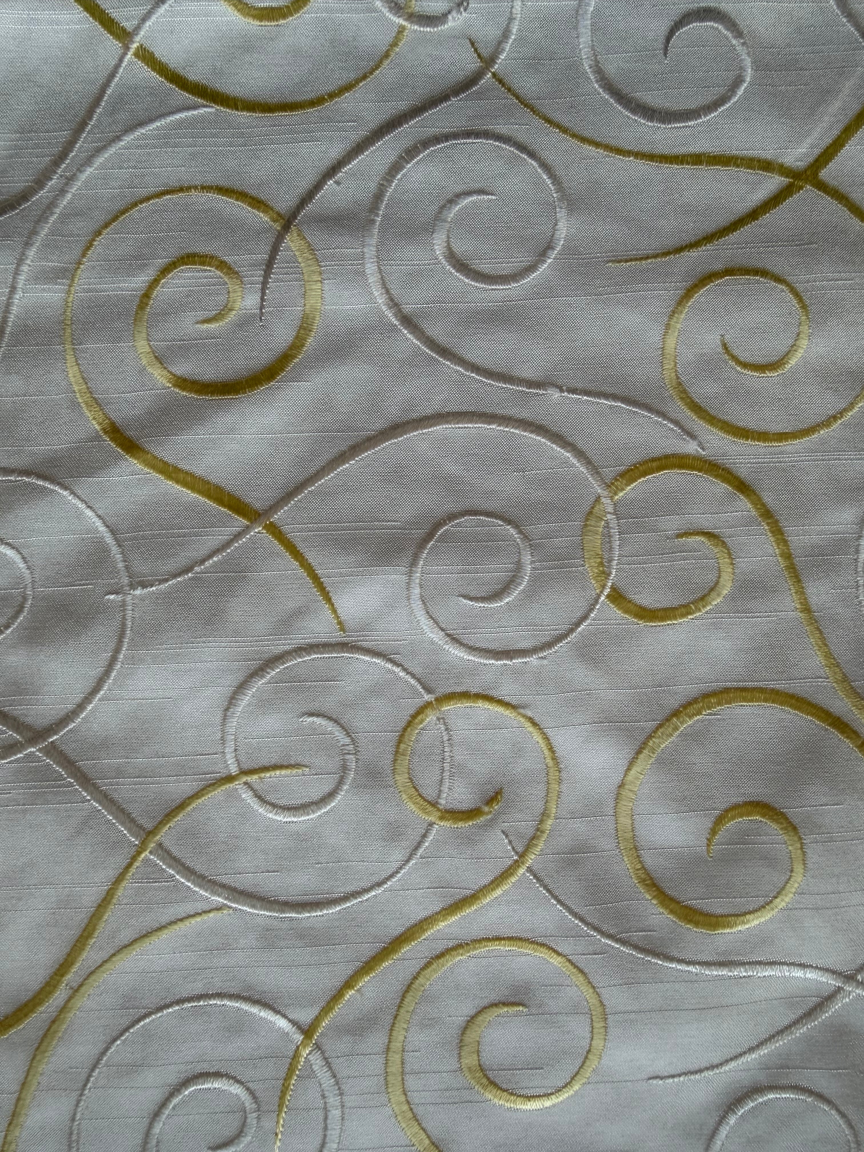 Austrian Embroidered Satin-Backed Dupion Fabric – Ivory with Lemon & Ivory Swirls | 112 cm Wide