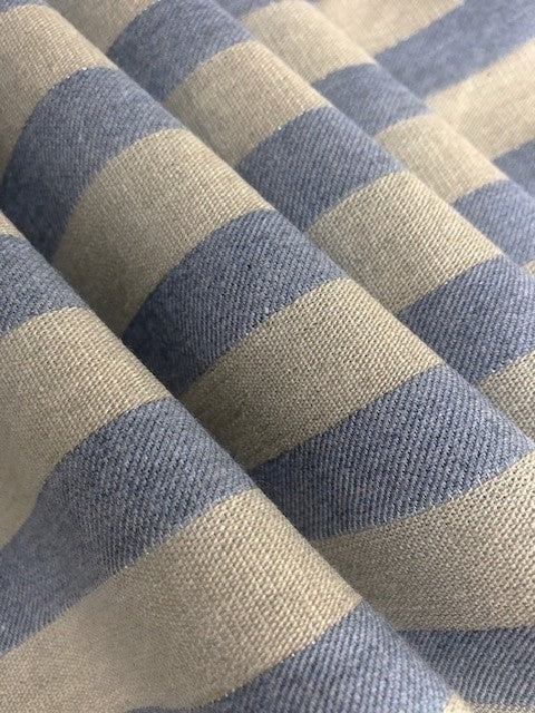 Sky Blue Twill Stripe With Silver Lurex Detail.  Stripes Run Across The Fabric
