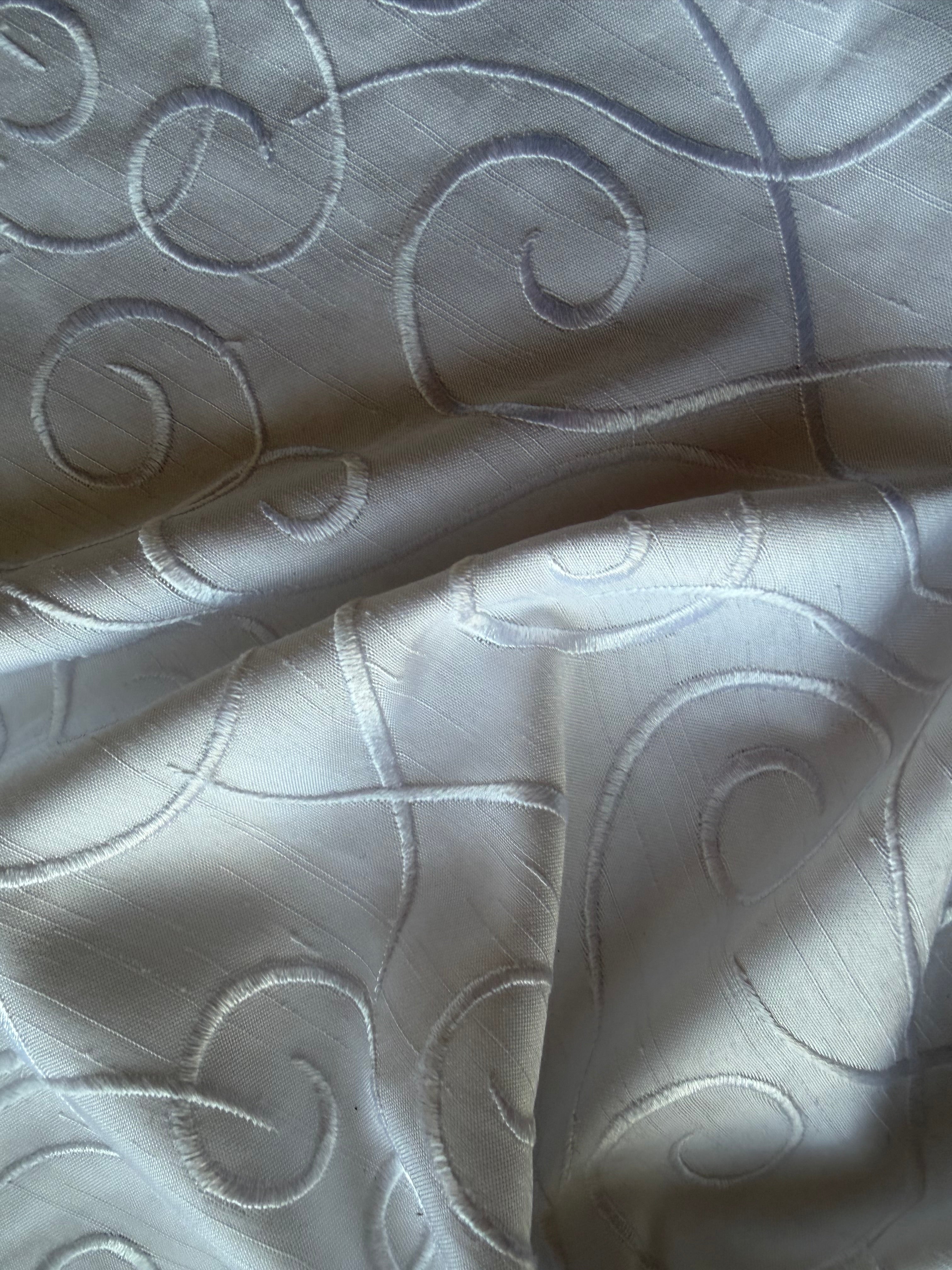Austrian Embroidered Satin-Backed Dupion Fabric – White on White Swirl Design | 112 cm Wide