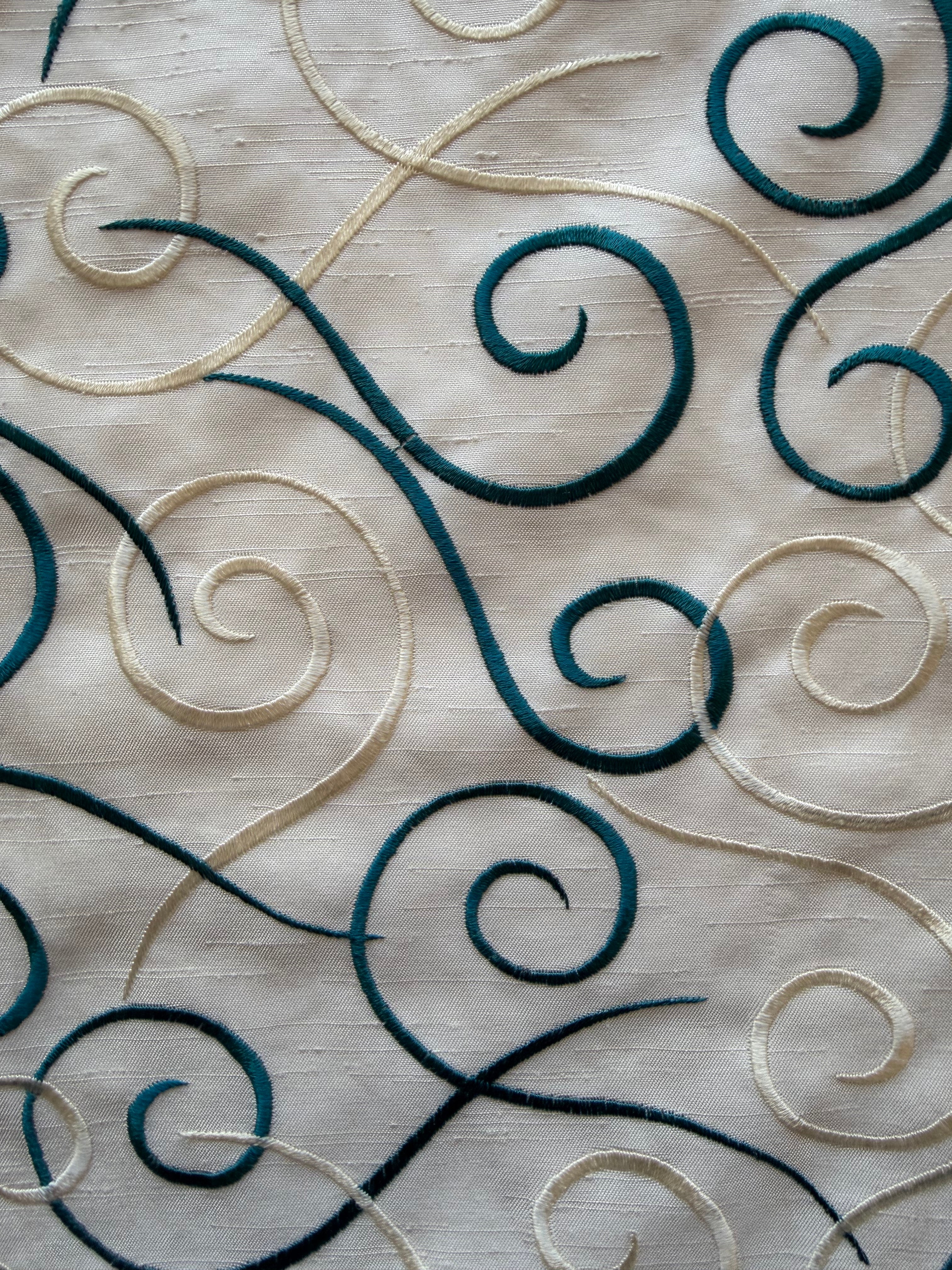 Austrian Embroidered Satin-Backed Dupion Fabric – Ivory with Teal & Champagne Swirls | 112 cm Wide