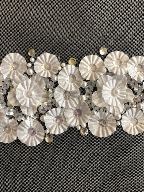 White Laser Cut Flower Trim, Beaded & Sequinned 5cm Wide