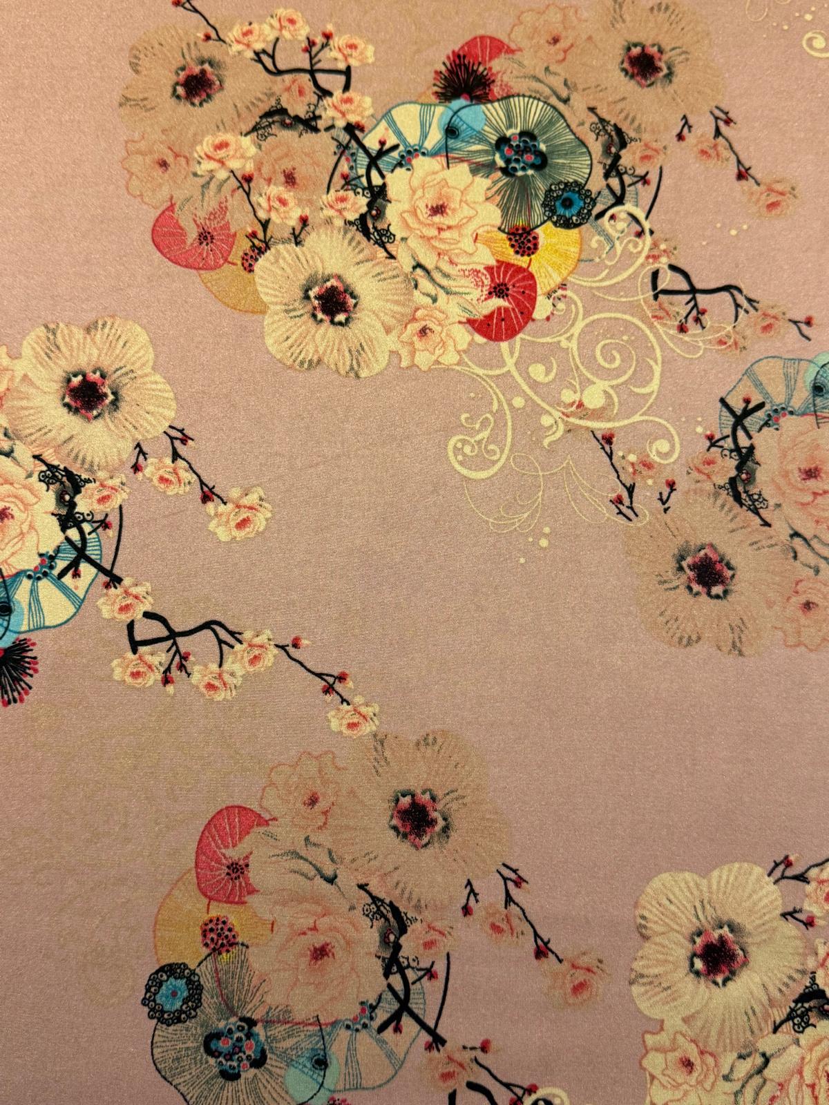Peach Floral Chinoiserie Polyester Satin Fabric | Silky Dress Fabric | 140cm Wide