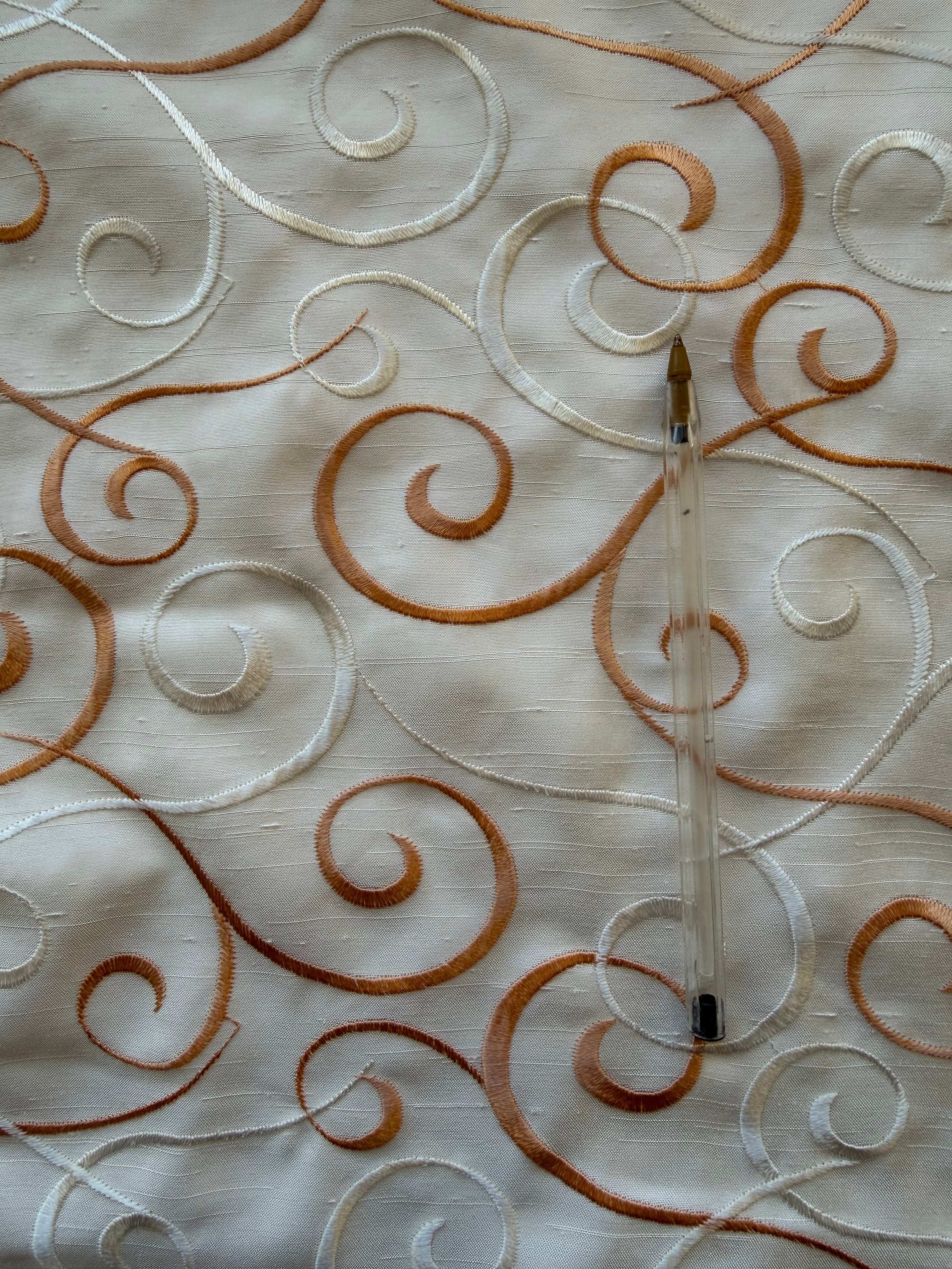 Austrian Embroidered Satin-Backed Dupion Fabric – Ivory with Ivory & Ochre Swirls | 112 cm Wide