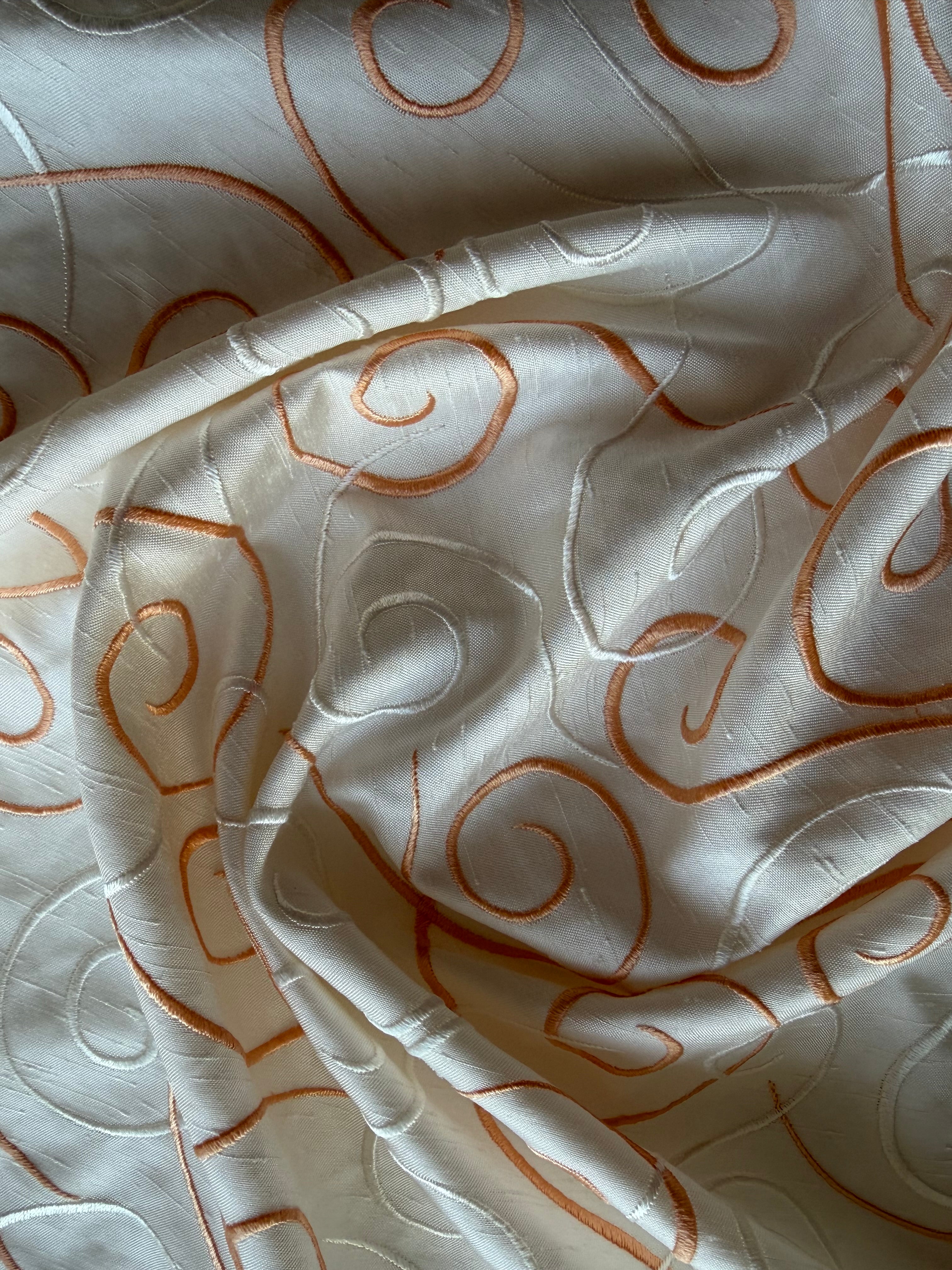 Austrian Embroidered Satin-Backed Dupion Fabric – Ivory with Ochre & Ivory Swirls | 112 cm Wide