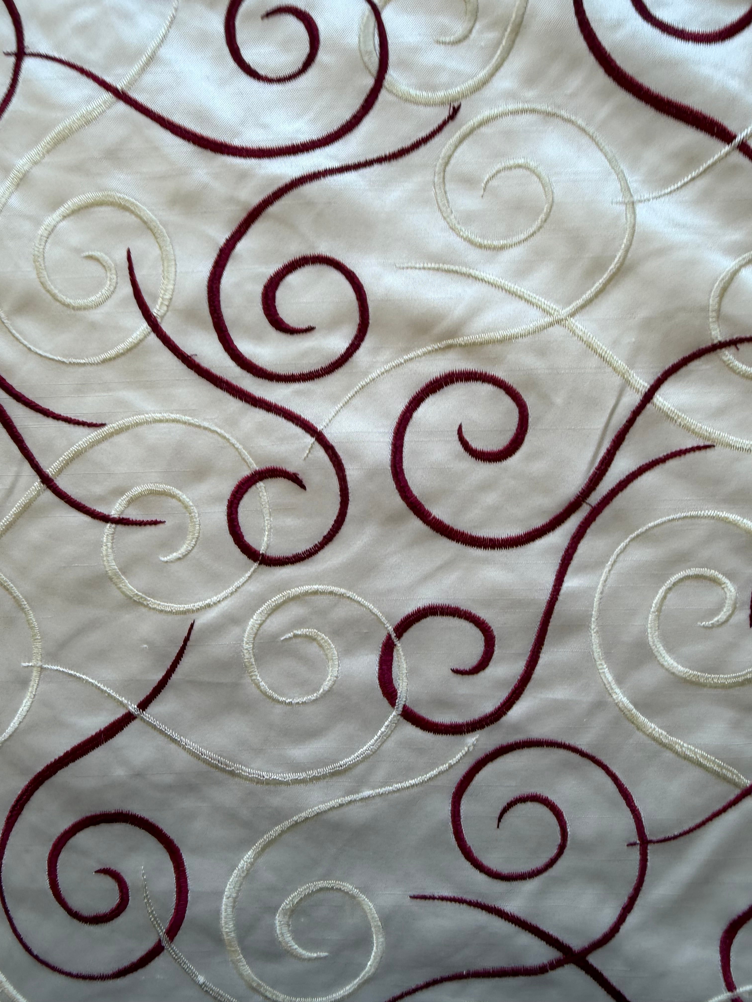 Austrian Embroidered Satin-Backed Dupion Fabric – Ivory with Ivory & Magenta Swirls | 112 cm Wide
