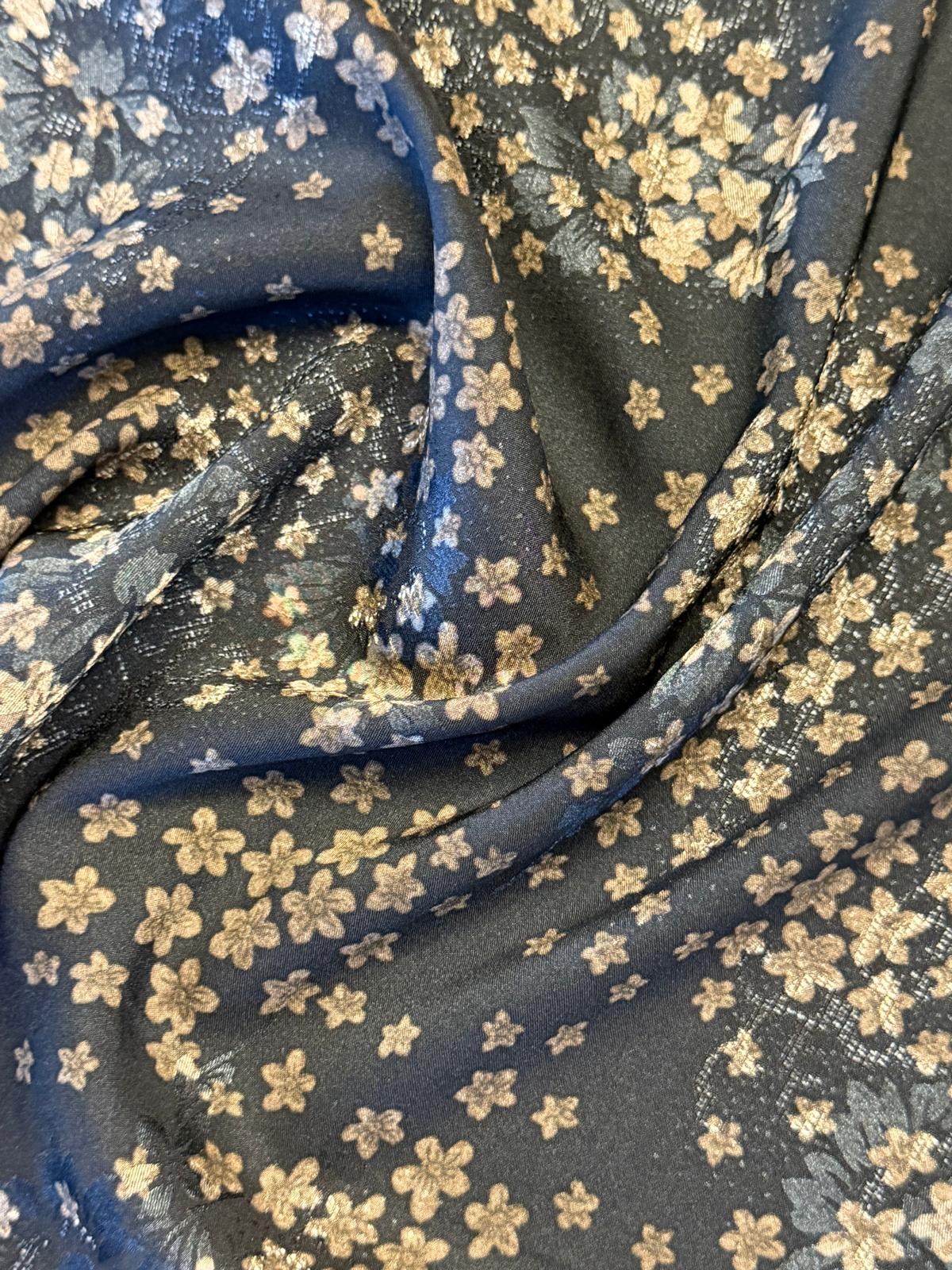 Black & Gold Floral Satin Fabric – 100% Polyester, 140cm Wide