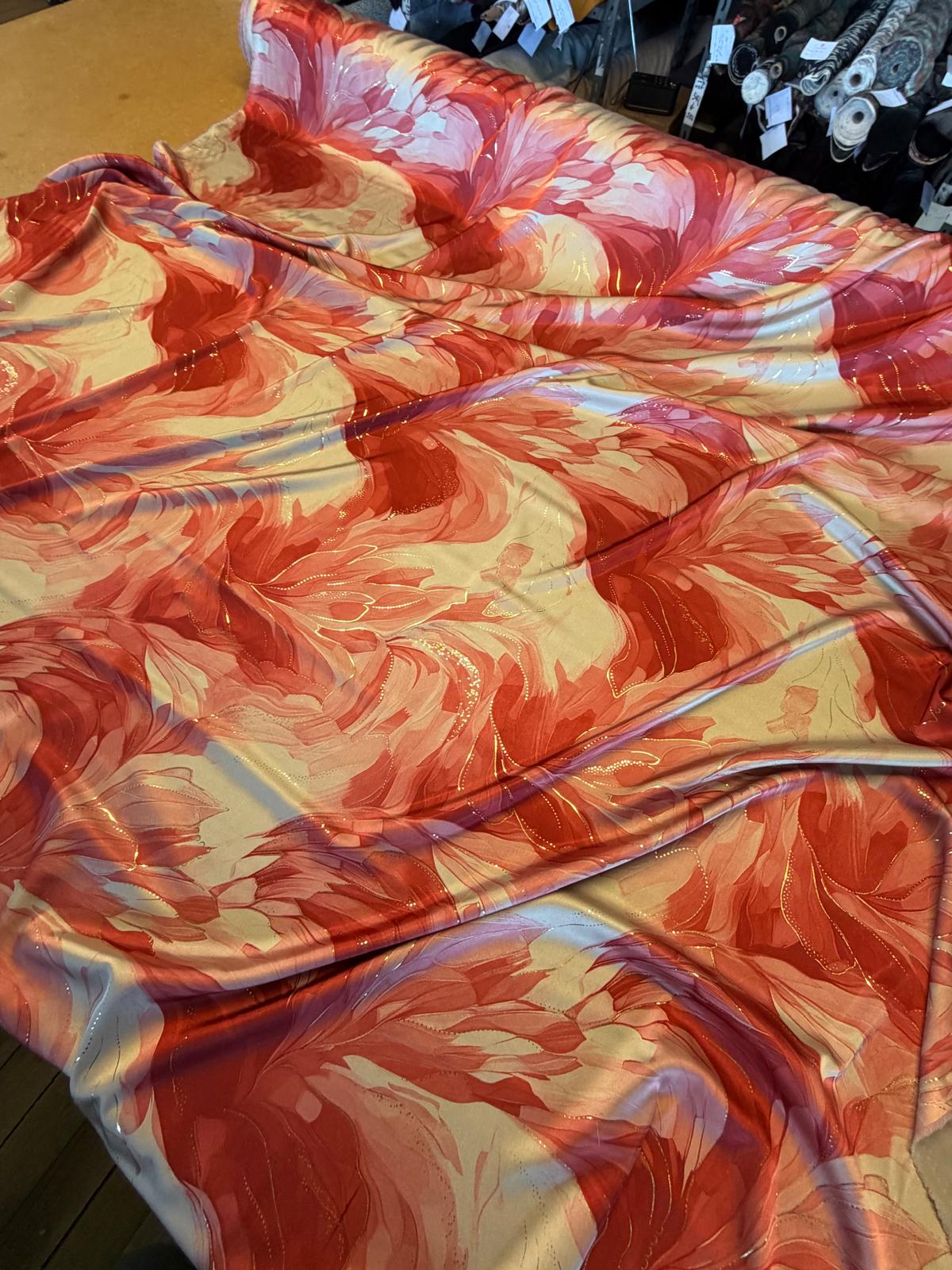 Red & White Floral Printed Chiffon Fabric with Gold Detail | Elegant Occasion Wear & Layering Fabric