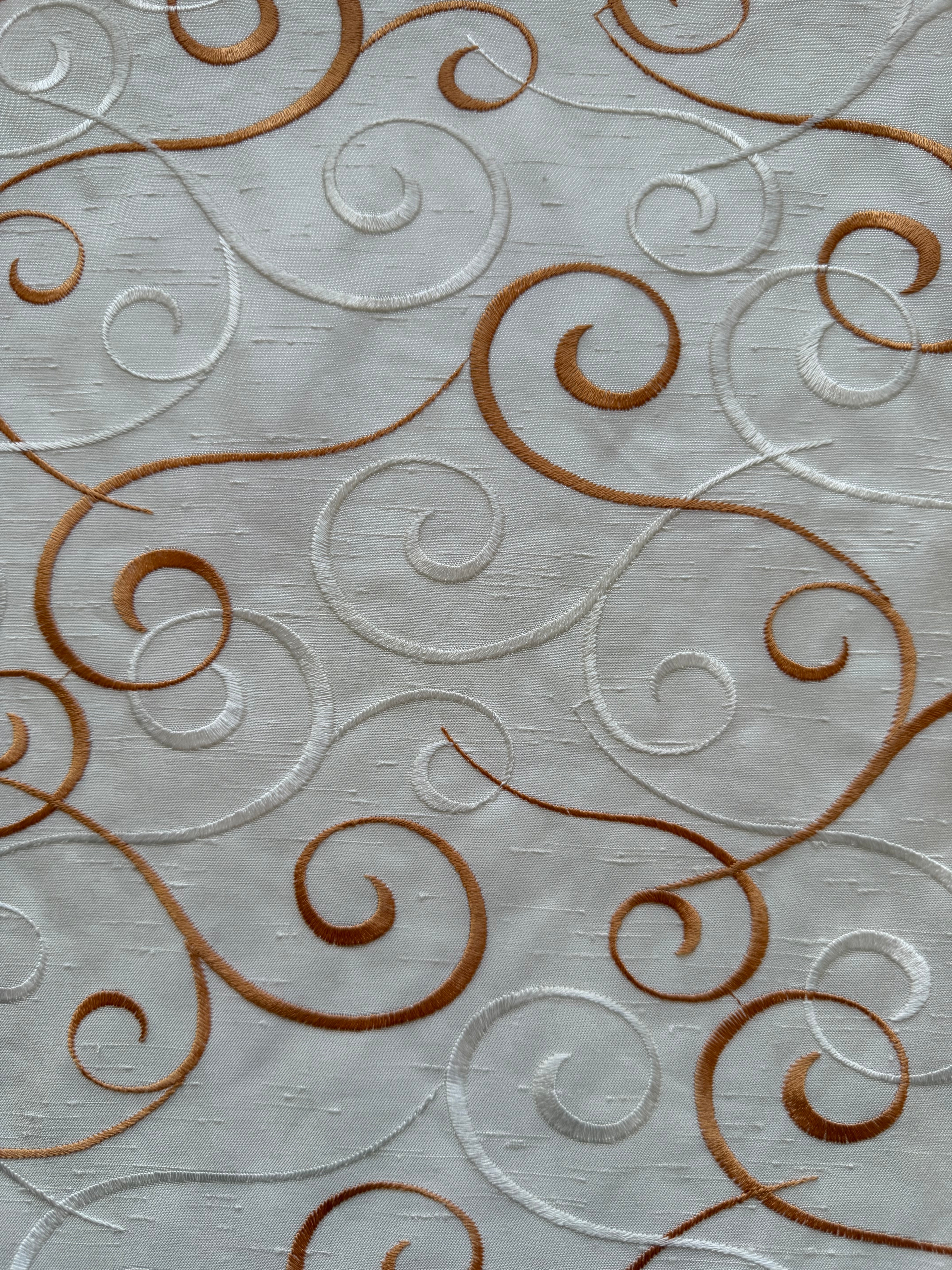 Austrian Embroidered Satin-Backed Dupion Fabric – Ivory with Ivory & Raspberry Swirls | 112 cm Wide