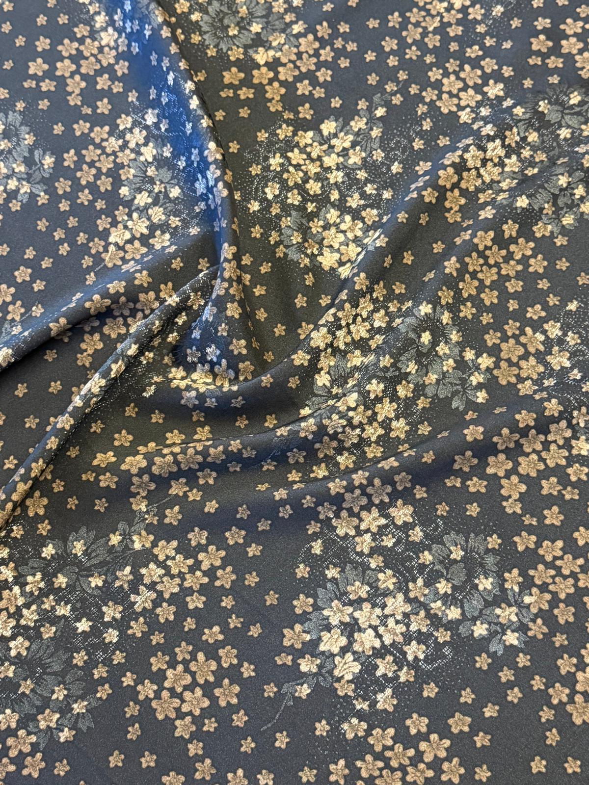 Black & Gold Floral Satin Fabric – 100% Polyester, 140cm Wide