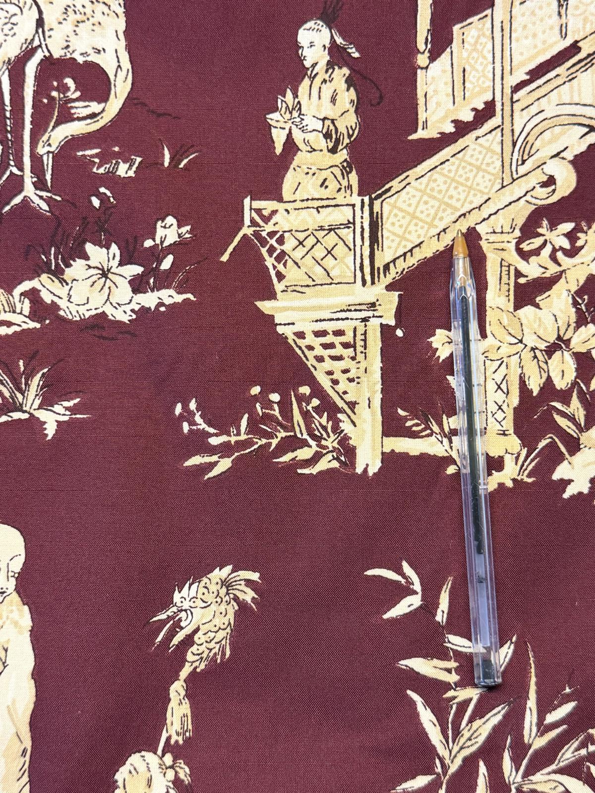 Luxury Red Oriental Print Cotton Fabric | Premium Furnishing Fabric