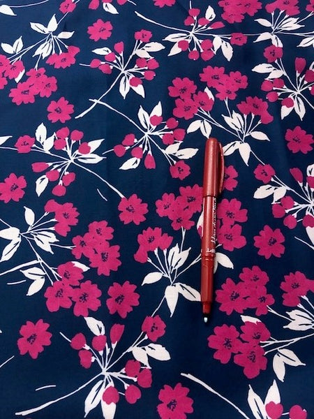 Red on Navy Cotton Sateen print. 120g/m2, 100% Cotton. Roll Size - 1.9m