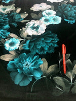 Teal Flowers on Black Stretch Velvet. 240g/m2, 95% Polyester 5% Elastane. Roll Size - 3.8m