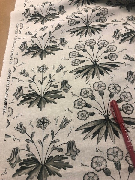 Grey on Ivory "Primrose and Columbine by Morris Print. 280g/m2, 100% Cotton. Roll Size: 3m