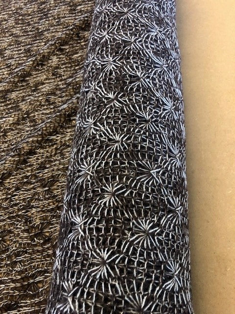 Chocolate Crochet Style Open Knit Design. 140g/m2, 100% Acrylic. Roll Size: 4m