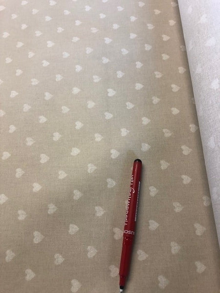 Heart on Beige Matt PVC Coated Cotton. 320g/m2, 100% Cotton PVC Coated. Roll Size: 5m