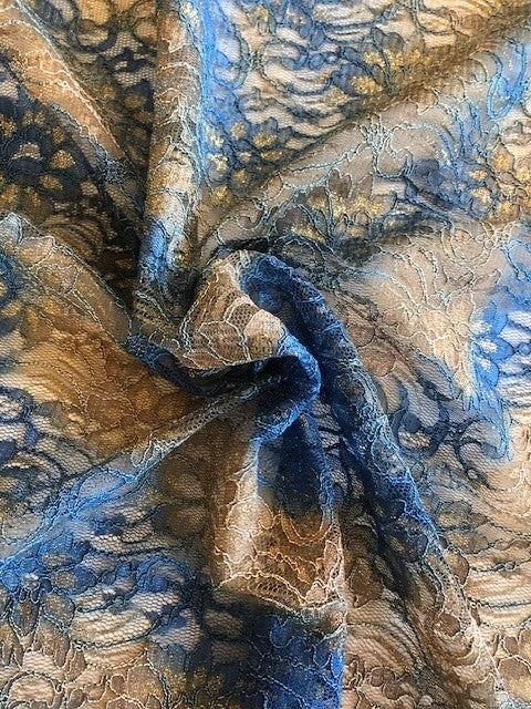 Blue & Gold Corded Lace Fabric with Gold Lurex Detail – Luxury 5.5m Roll