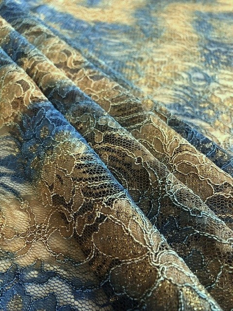 Blue & Gold Corded Lace Fabric with Gold Lurex Detail – Luxury 5.5m Roll