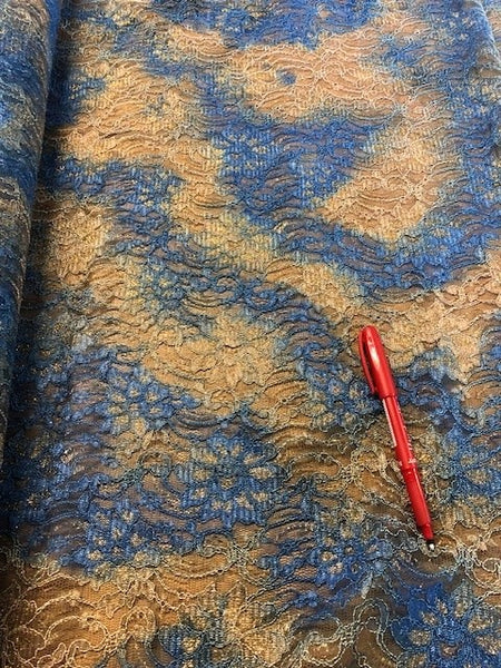 Blue/Gold Corded Lace With Gold Lurex Detail. 200g/m2, 50% Nylon 50% Polyester. Roll Size: 5.5m