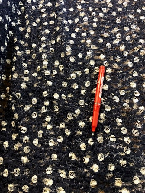 Ivory Dot on Navy Stretch Lace. 80g/m2, 60% Polyester 35% Nylon 5% Elastane. Roll Size: 8m