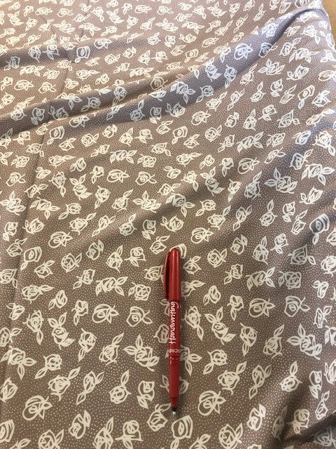 Coffee Rose and Spot on Crepe de Chine. 110g/m2, 100% Polyester. Roll Size: 7m