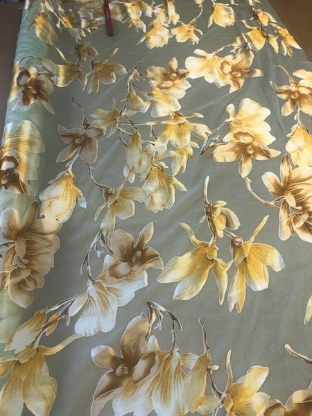 Gold Floral Satin Burnout on Mint Chiffon. 90g/m2, 100% Nylon. Roll Size: 6.8m