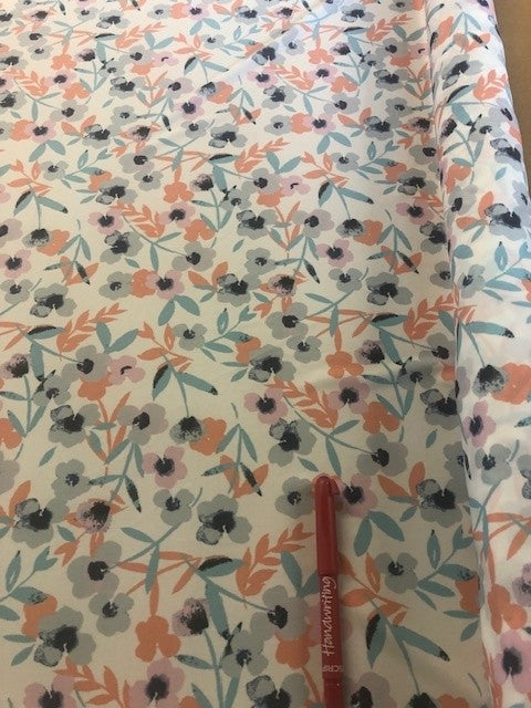 Orange/Pink Floral on Ivory Jersey. 200g/m2, 95% Polyester 5% Elastane. Roll Size: 2m