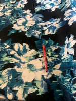 Turquoise on Black Floral Yoryu Chiffon. 80g/m2, 100% Polyester. Roll Size: 6.7m