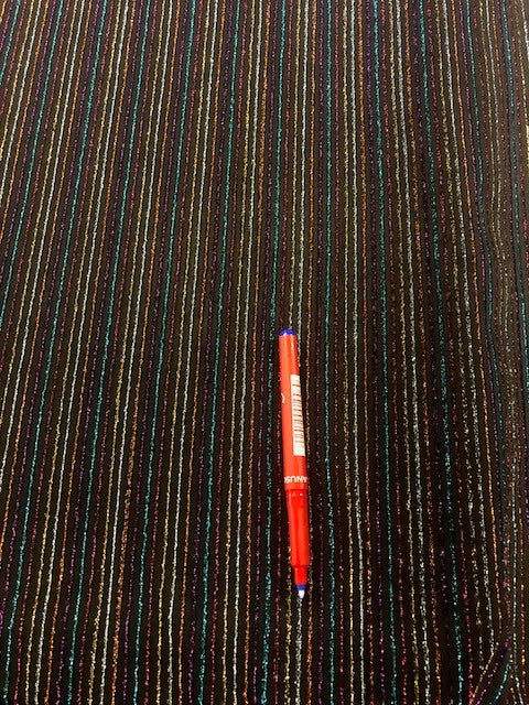 Multi Striped Glitter on High Stretch Jersey. 180g/m2, 90% Polyester 10% Elastane. Roll Size: 3m