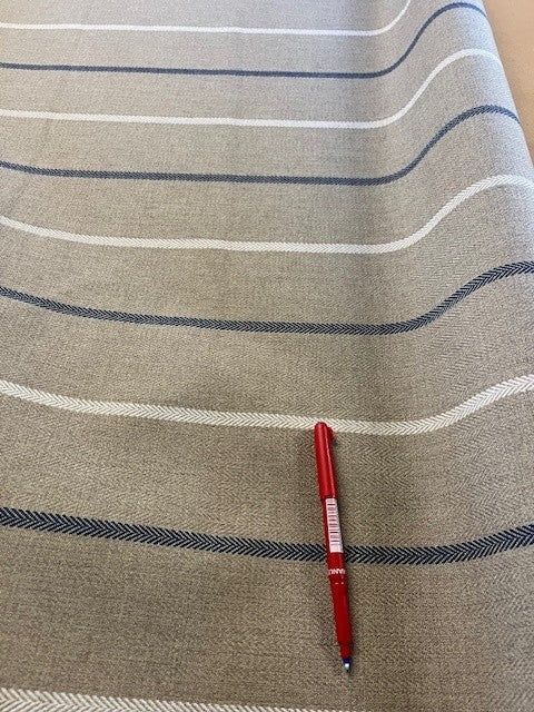 Navy/beige Herringbone Furnishing with Fire Retardant Finish. 400g/m2, 100% Polyester. Roll Size: 1.7m