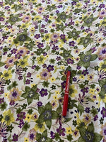 Green/Violet Floral on Cotton Lawn. 100g/m2, 100% Cotton. Roll Size: 2.5m