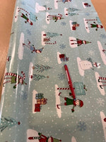 Snowman and Elf on Duck Egg PVC Coated Cotton. 240g/m2, PVC Coated Cotton. Roll Size: 1.6m
