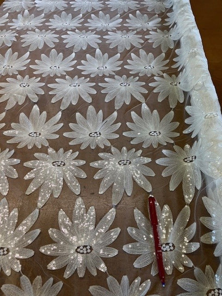 Porcelain Individual Flower Sequin on Mesh. 120g/m2, 100% Polyester. Roll Size: 3m