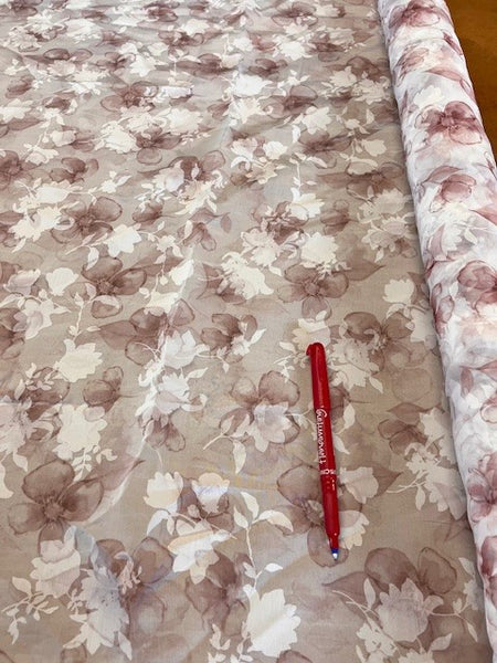 Dusty Pink Floral on Organza. 80g/m2, 100% Polyester. Roll Size: 3.5m