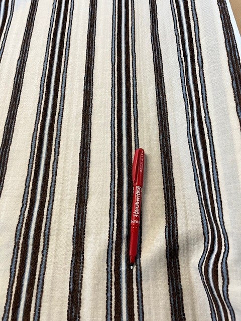 Brown and Blue Raised Embroidered Stripe. 140g/m2, 100% Cotton. Roll Size: 4.2m