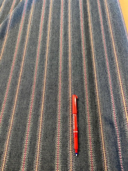 Cerise/Gold Embroidered Stripe on Denim. 160g/m2, 70% Cotton 30% Polyester. Roll Size: 2.3m