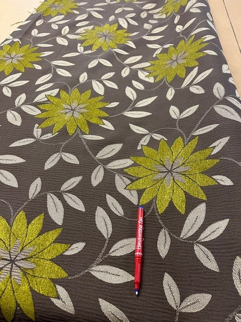 Olive Green Flower and Leaf Heavy Jacquard. 450g/m2, 40% Rayon 40% Cotton 20% Polyester. Roll Size: 2.7m