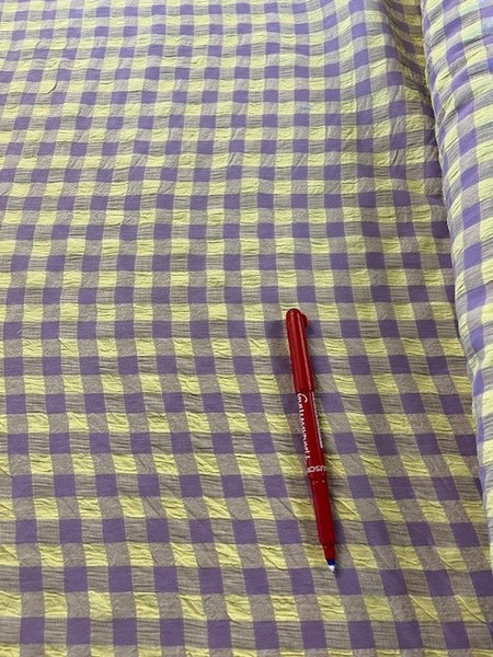 Lavender and Lemon Seersucker Check. 100g/m2, 65% Polyester 35% Cotton. Roll Size: 3.5m
