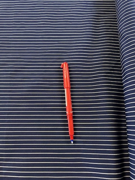 White Stripe on Navy Shirting. 120g/m2, 65% Polyester 35% Cotton. Roll Size: 3m