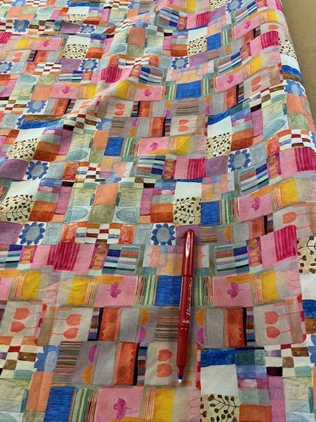 Multi Coloured patchwork on Cotton Lawn. 110g/m2, 100% Cotton. Roll Size: 5m