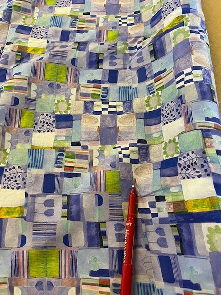 Blue Patchwork on Cotton Lawn. 110g/m2, 100% Cotton. Roll Size: 2.4m