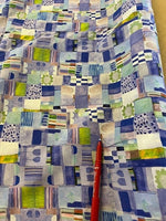 Blue Patchwork on Cotton Lawn. 110g/m2, 100% Cotton. Roll Size: 2.8m