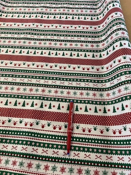 Green/Red Striped Christmas Theme. 110g/m2, 100% Cotton. Roll Size: 1.7m