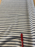 Black/Blue Woven Stripe. 170g/m2, 30% Cotton 10% Rayon 10% Linen 50% Polyester. Roll Size: 2m