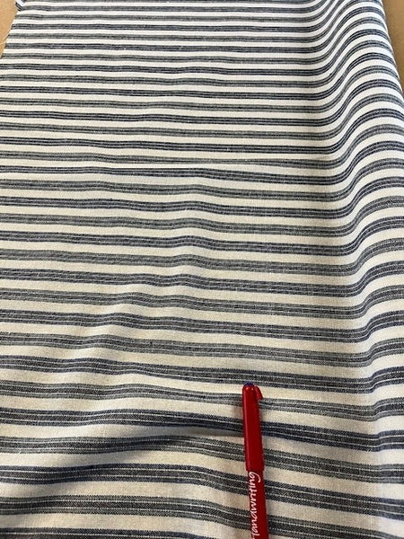 Black/Blue Woven Stripe. 170g/m2, 30% Cotton 10% Rayon 10% Linen 50% Polyester. Roll Size: 2m