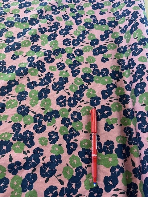 Navy/Green Floral on Dusty Pink Cotton Lawn. 110g/m2, 100% Cotton. Roll Size: 2m