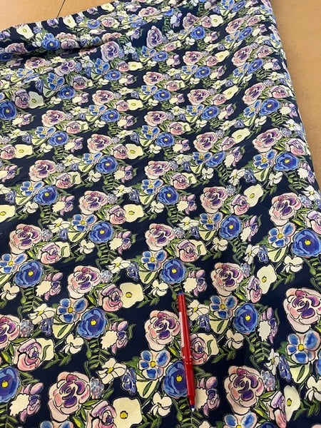 Violet Abstract Roses on Navy Cotton. 110g/m2, 100% Cotton. Roll Size: 3.8m