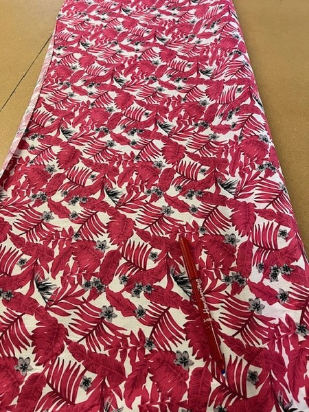 Raspberry Leaf Print on Cotton Lawn. 100g/m2, 100% Cotton. Roll Size: 6.5m