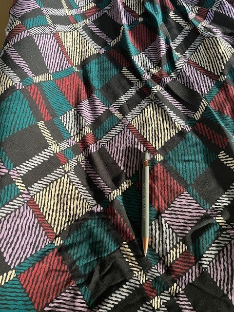 Teal/Claret Diamond Print on Viscose. 110g/m2. 100% Viscose. Roll Size: 7m