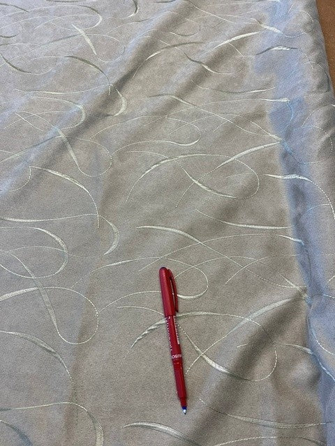 Beige Suede With Swirl Embroidery. 100% Polyester, 230g/m2, 145cm Wide. Roll Size: 2m